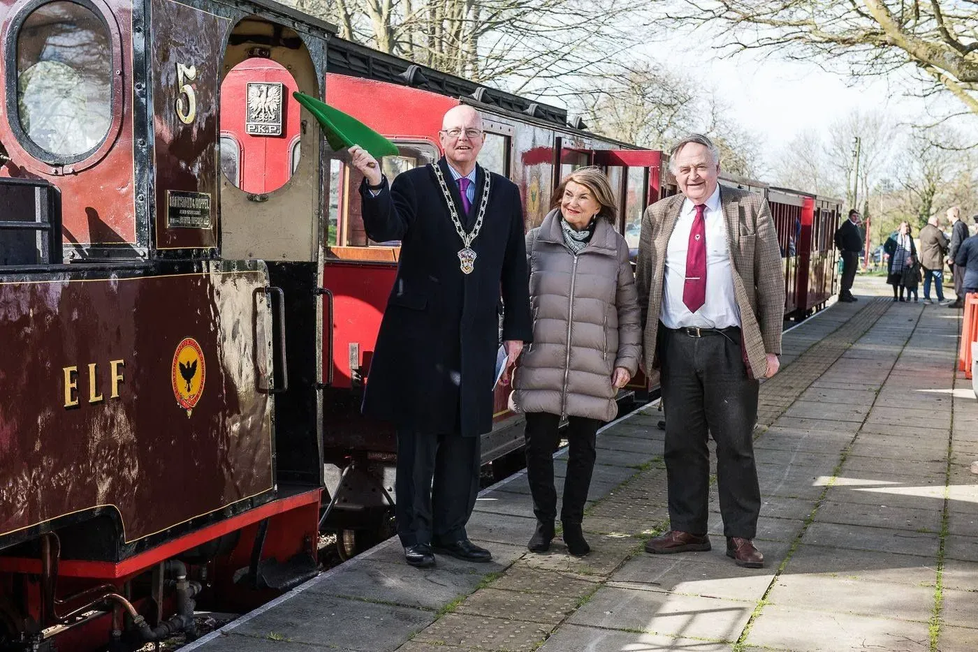 Traditionally, the mayor of Leighton Linslade will flag the first train of the season off, like he's doing here.