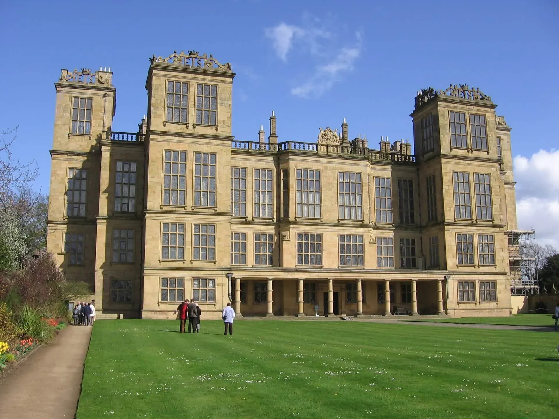 The exterior of Hardwick Hall on a sunny day.
