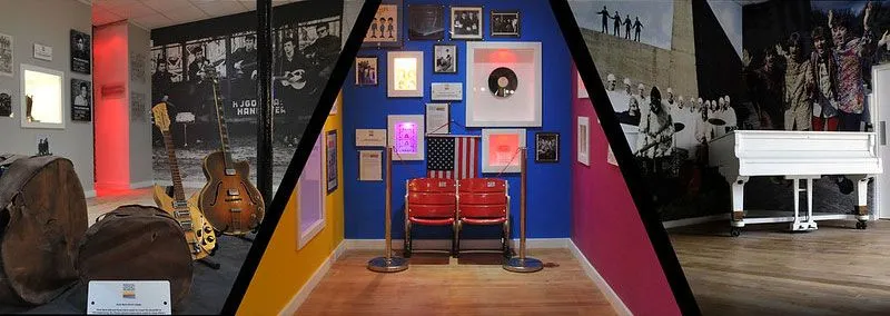 Collage image of three exhibition rooms at the Liverpool Beatles Museum.