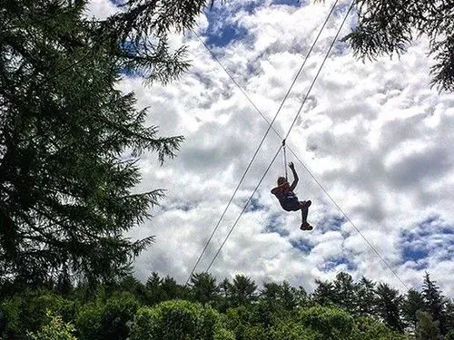 Someone on zip line at Go Ape in Trent Park.
