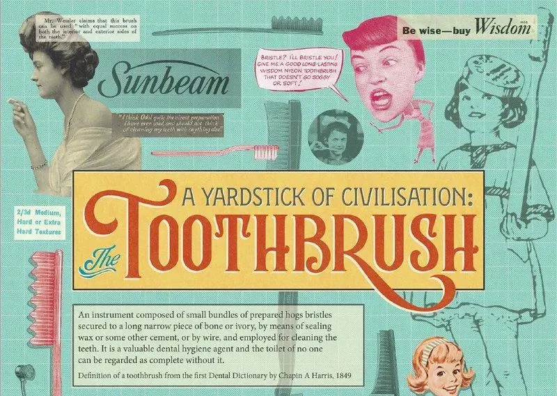 Colourful graphic 1950s style poster about toothbrushes.