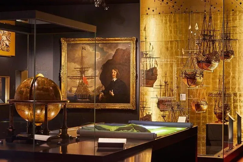 Paintings and other items at Tudor and Stuart seafarers gallery in National Maritime Museum.