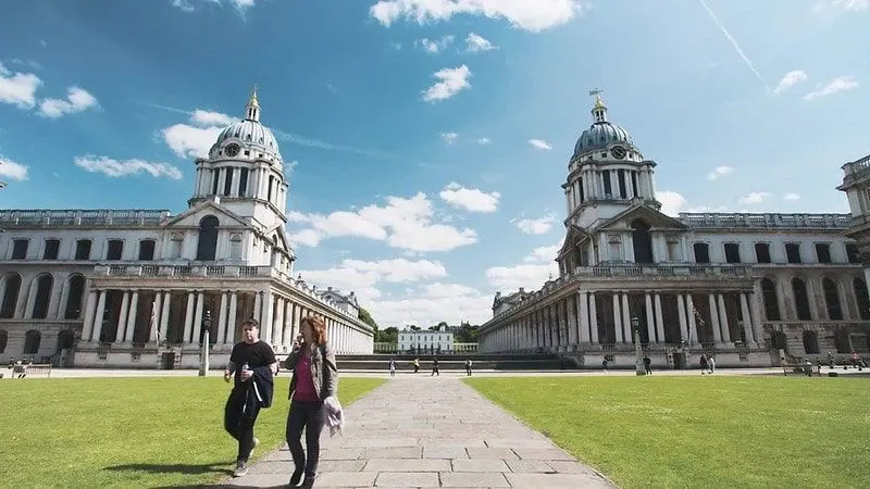 The Old Royal Naval College in the foreground with the Queen's House positioned in the centre. 