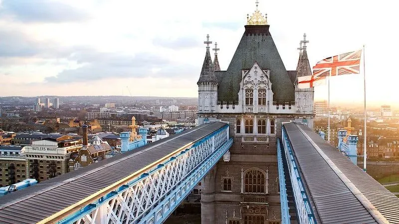 A view of the exterior of the high-level walkway at Tower Bridge.
