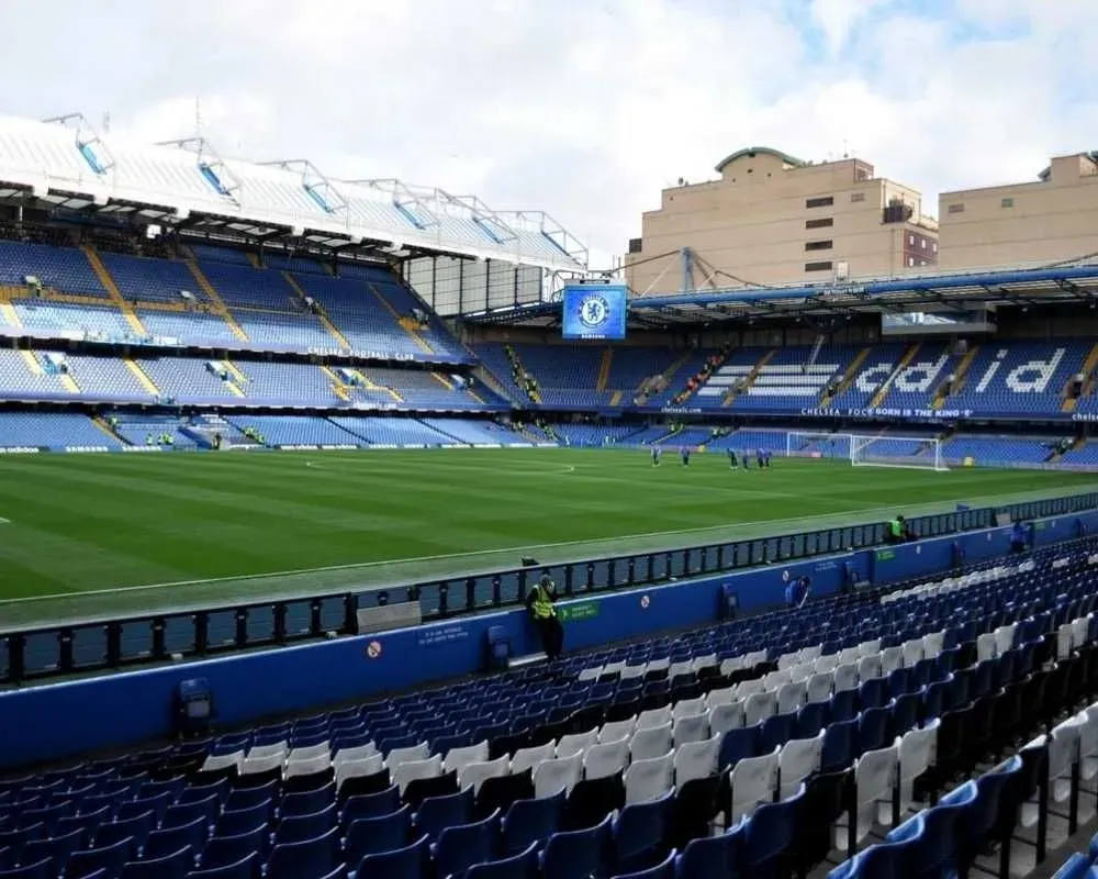 The East Stand and Shed End from across the pitch at Stamford Bridge.