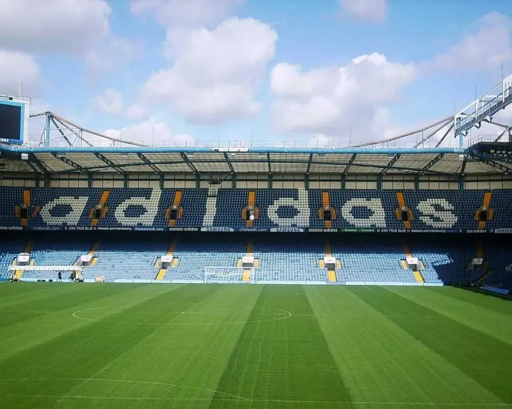 The Matthew Harding Stand at Stamford Bridge with the pitch in shot.