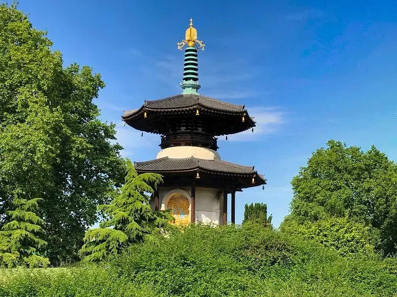 London Peace Pagoda against a blue sky.