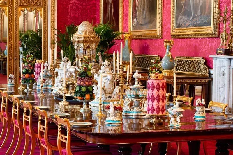 The State Dining Room table at Buckingham Palace.