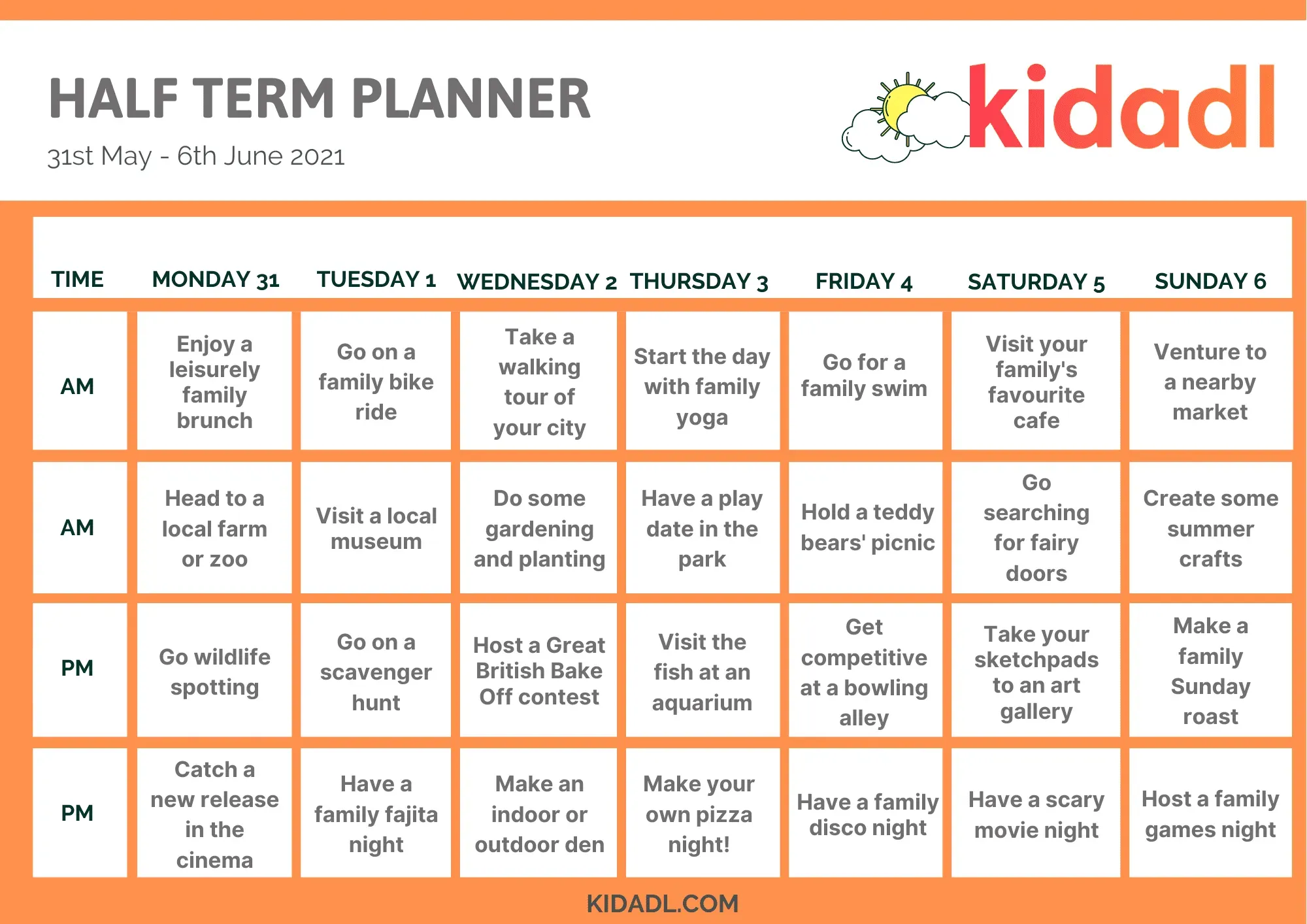 Half term planner for the month of June 2021