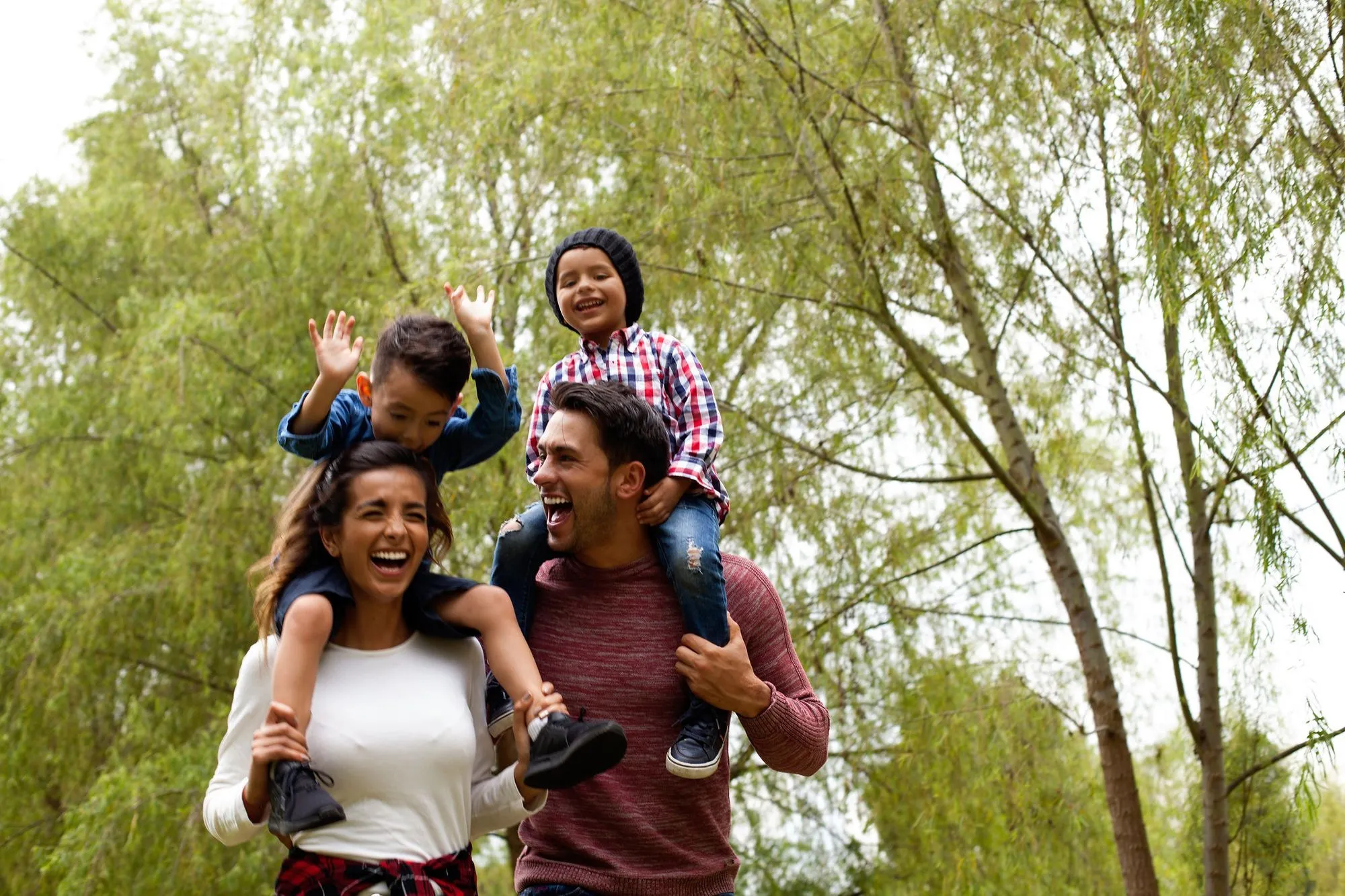 A smiling family are out for a walk in a wooded area lined with birch. The children sit on their parents' shoulders.