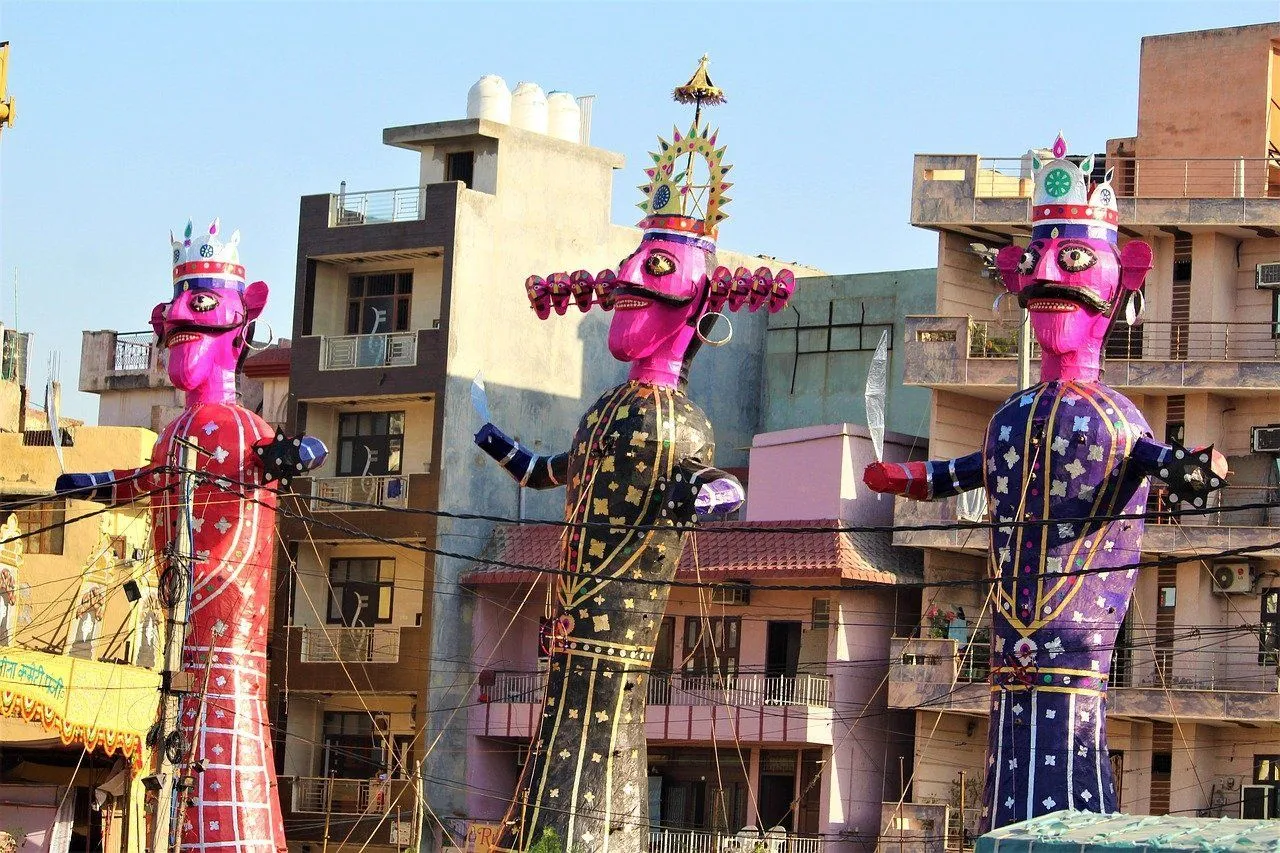 Large effigies of Ravana, the evil demon king, are built and burnt on Dussehra. Sometimes effigies of Kumbhakarna (his brother) and Meghnath (his son, a reincarnation of evil;) are burnt by his side.