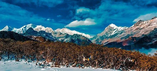 The spectacular snow-capped peaks of the highest mountains of the Himalayas.
