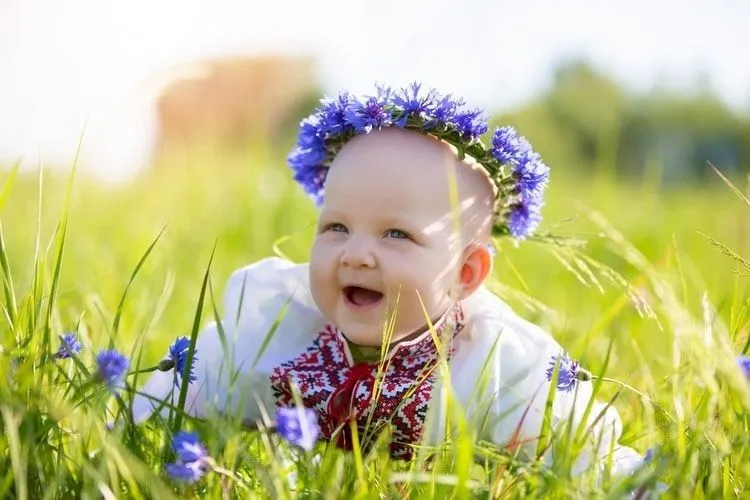 A newborn baby wearing blue flower headband in field