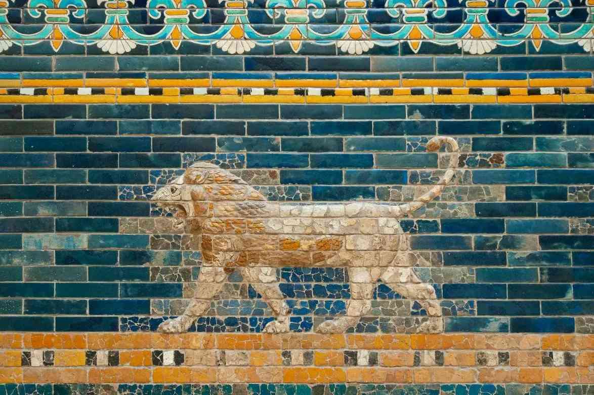 The Gate of Babylon or the Ishtar Gate to the city of Babylon has depictions of lions and other animals.