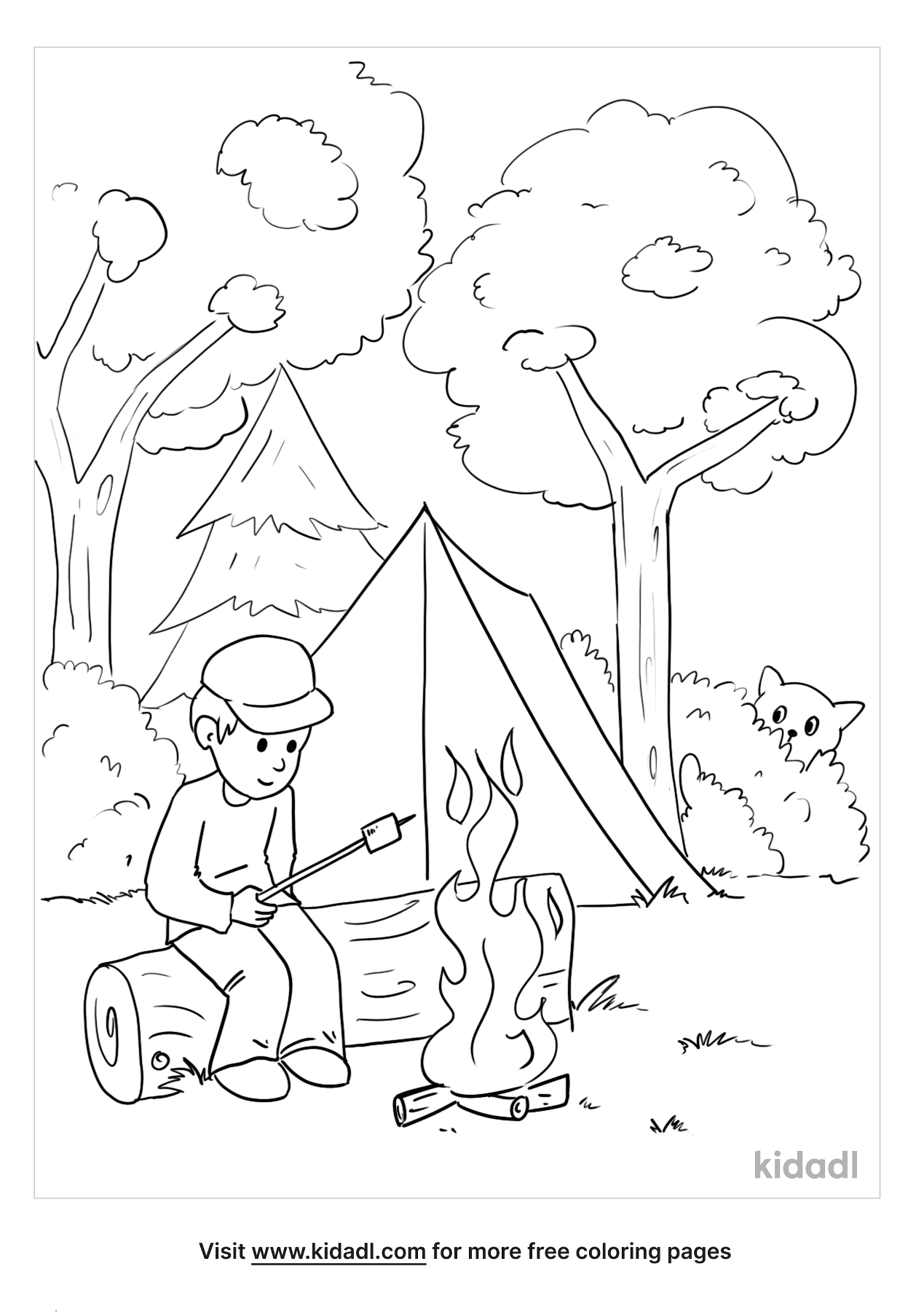 Cat Explorer Camping In Woods Coloring Page