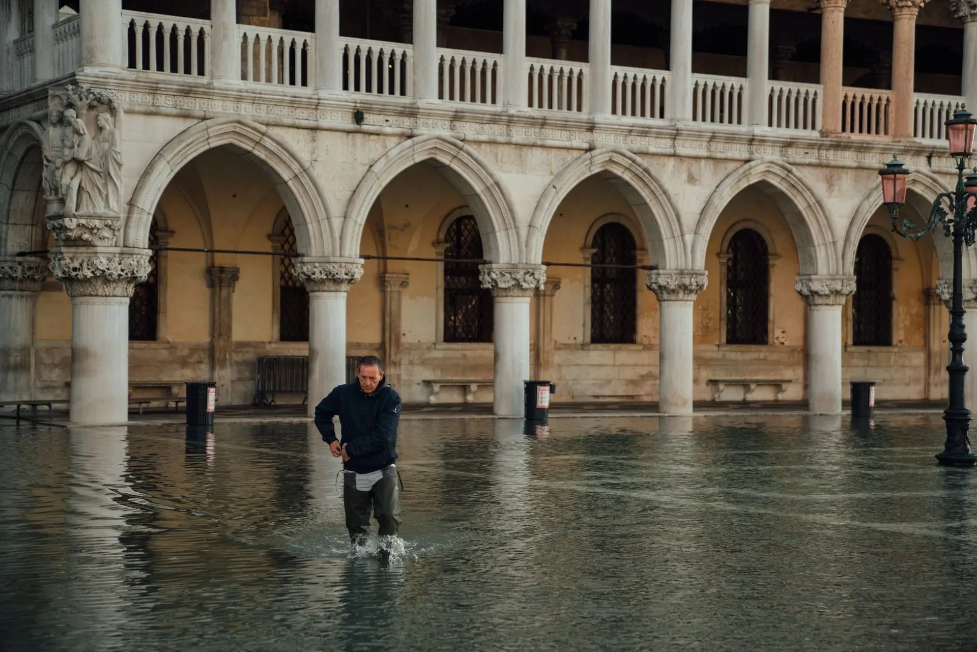 Piazza San Marco faces the brunt of the high tide due to waters coming from the shallow Adriatic Sea.