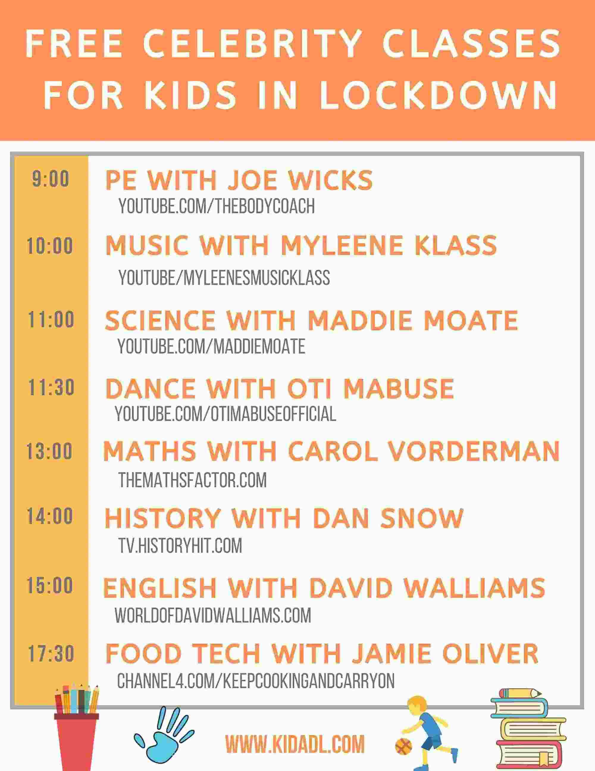 celebrity lessons that are free for kids in lockdown