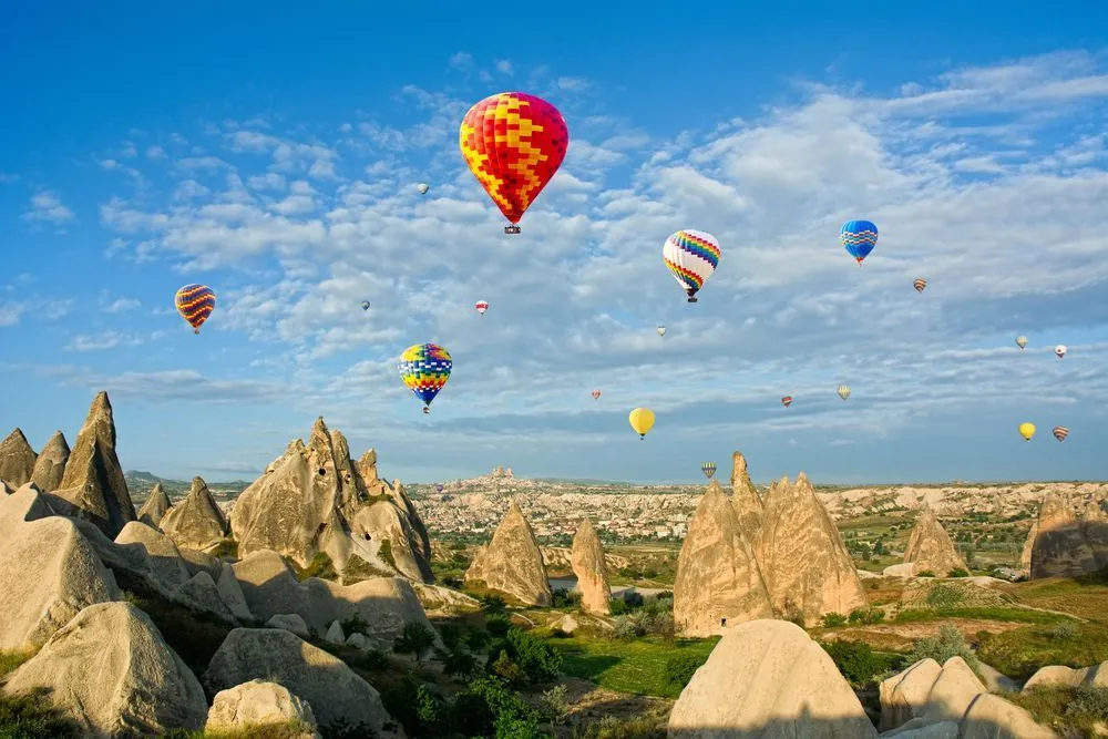 A spectacular morning view of hot air balloons floating in tha air in Cappadocia in Turkey