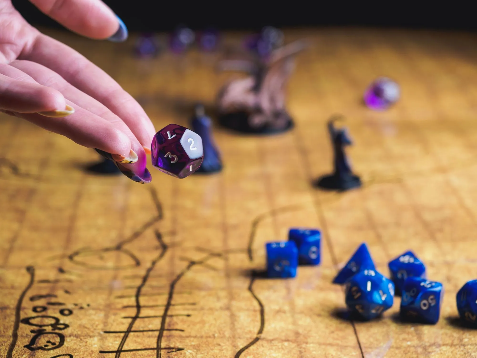 A woman throwing the purple dice while playing Dungeons and Dragons board game