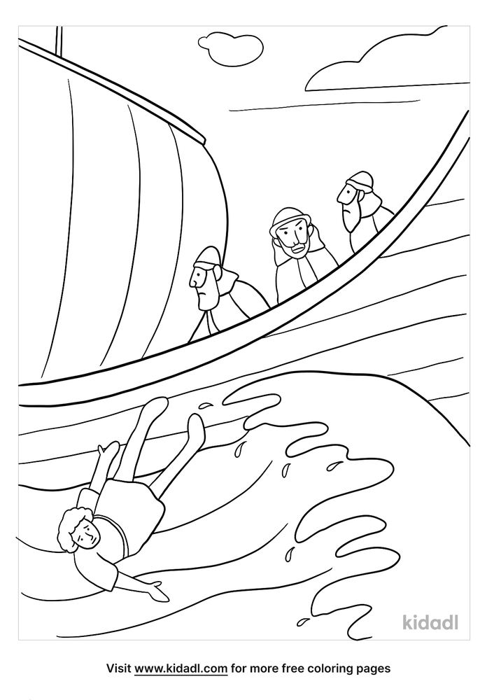 Jonah Thrown Overboard Coloring Page | Free Bible Coloring Page | Kidadl