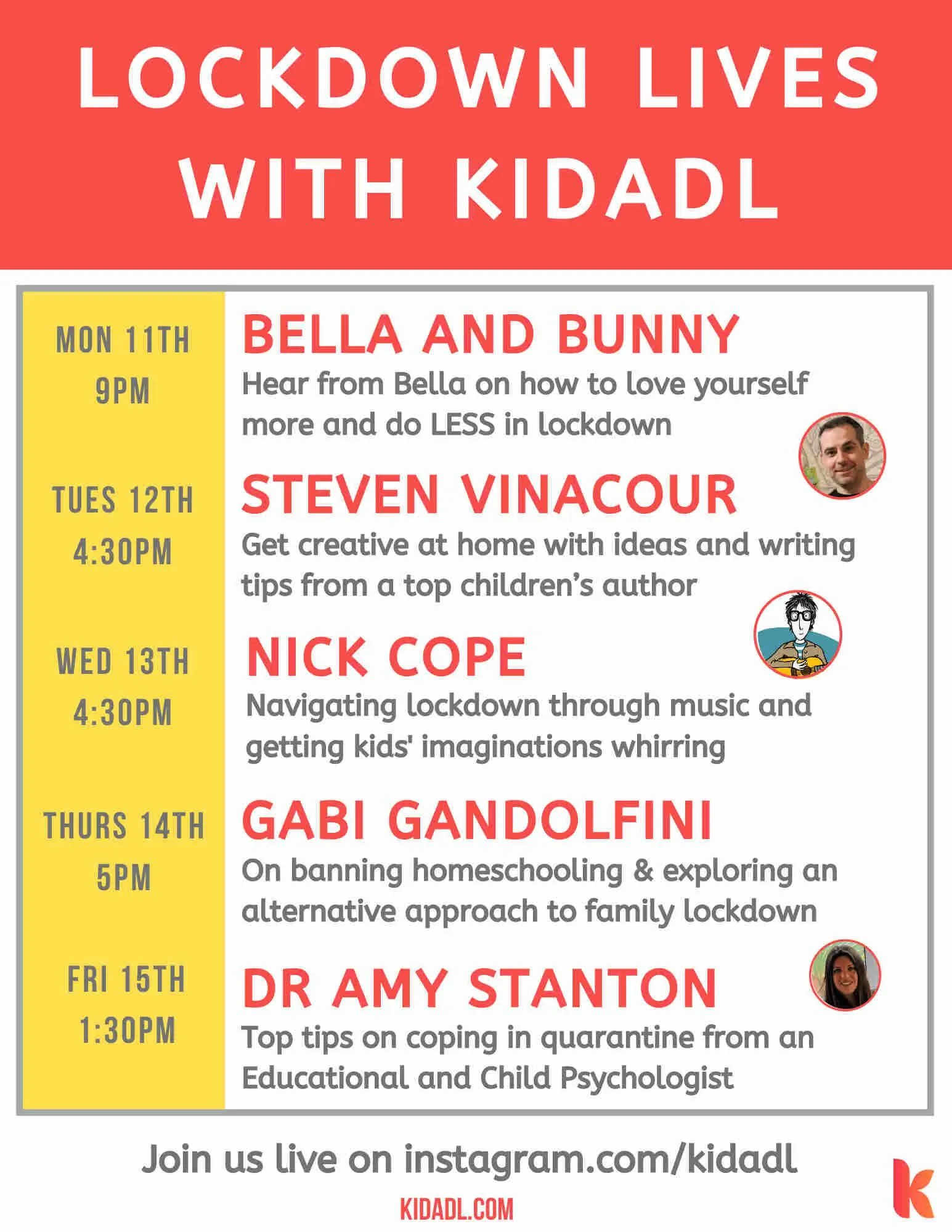 Alleviate the 7-week itch with Kidadl's series of lockdown live streams.