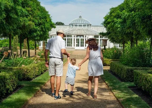 A British family walking in a garden