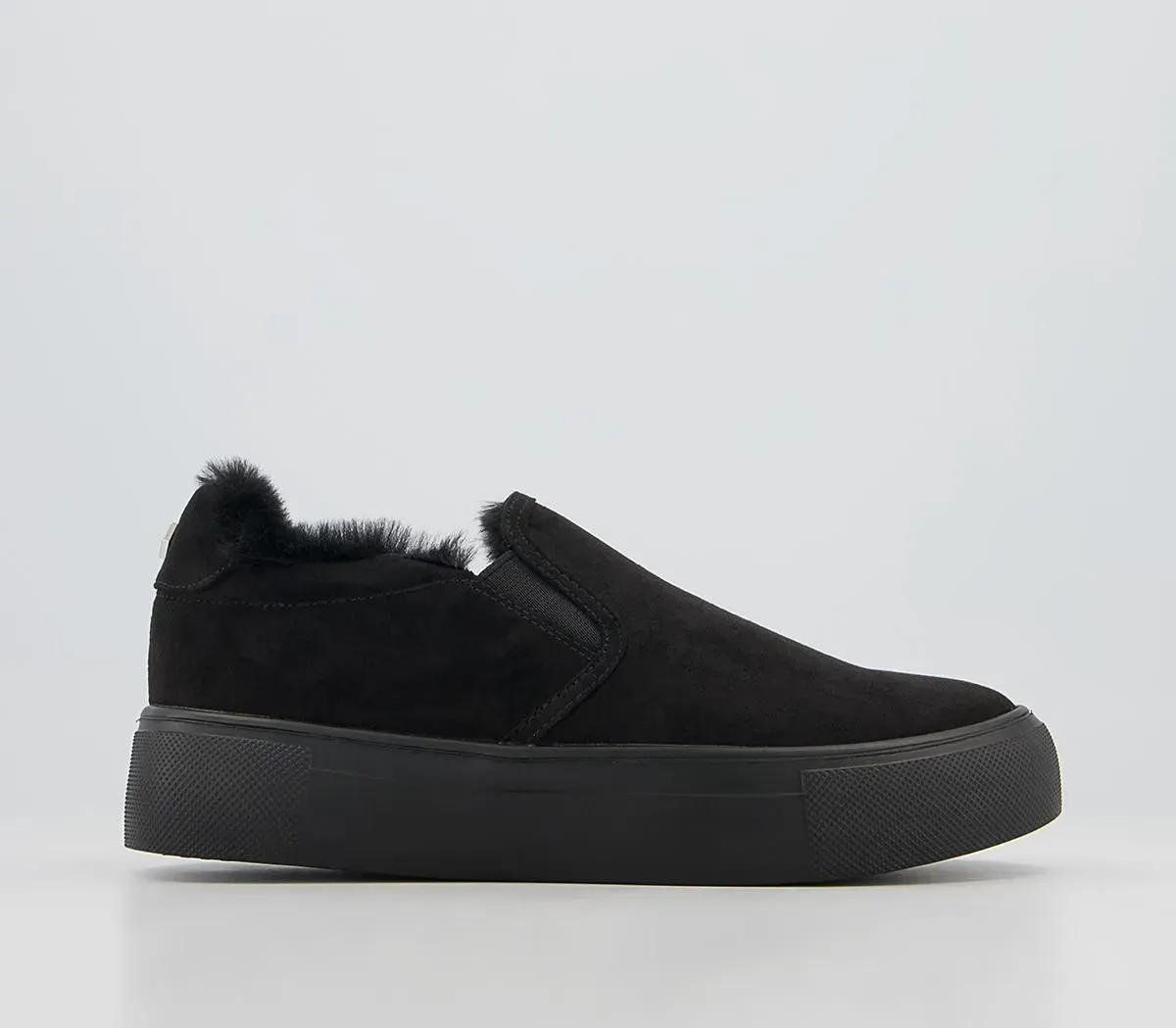 A black slip on shoe with black faux fur lining