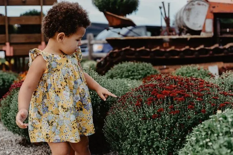 A little girl touching a flower in a garden