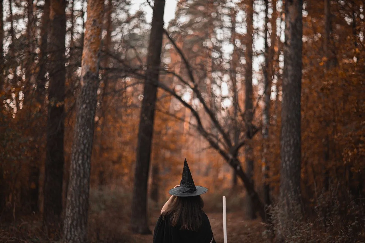 A witch wearing black hat walking in the forest