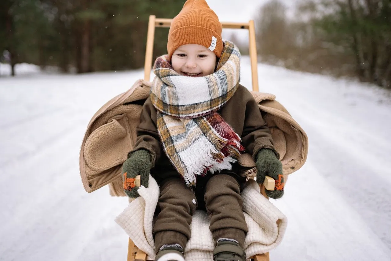 Boy riding sledge wearing brown winter clothes