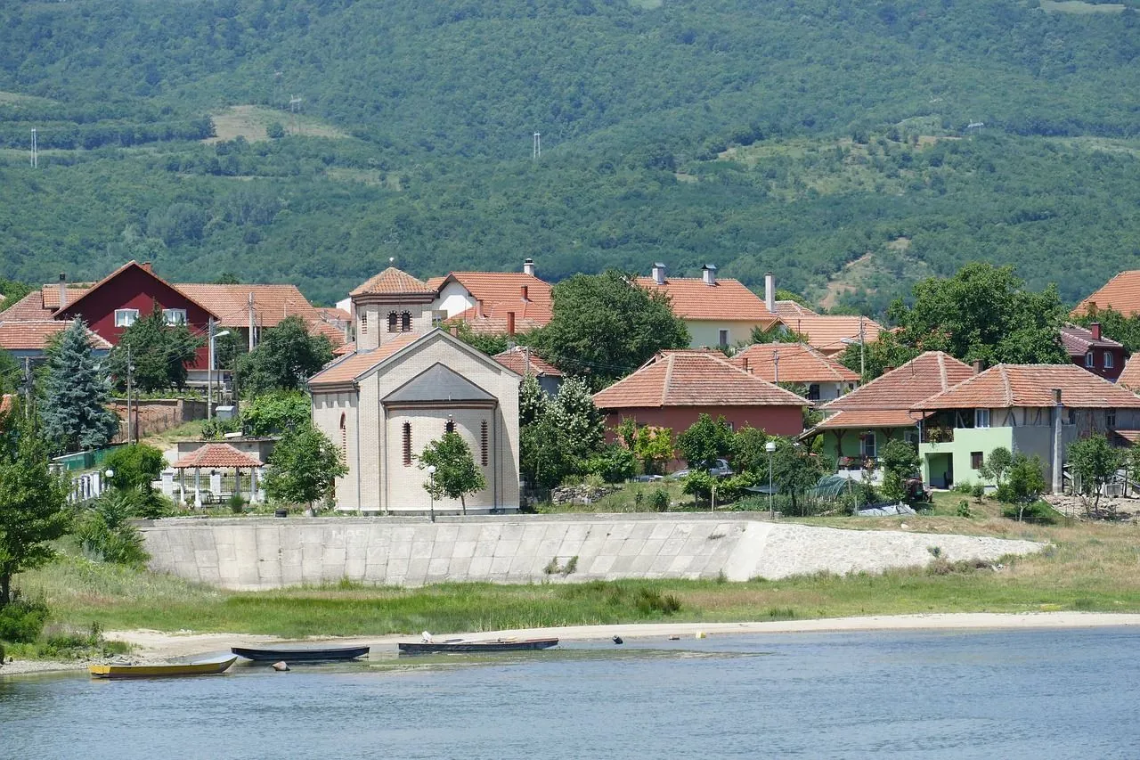 Landscape view of Danube Canyon and houses in Serbia