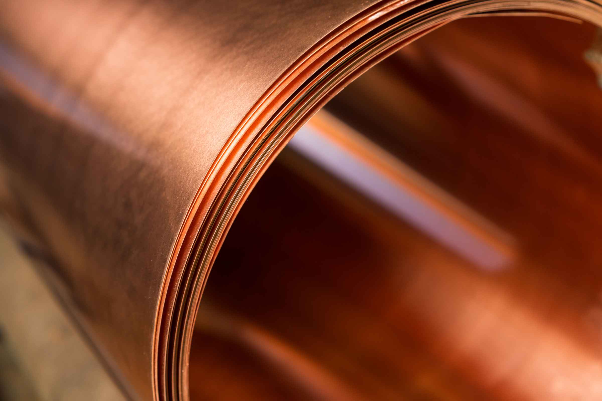 Close up of thin copper sheets roll