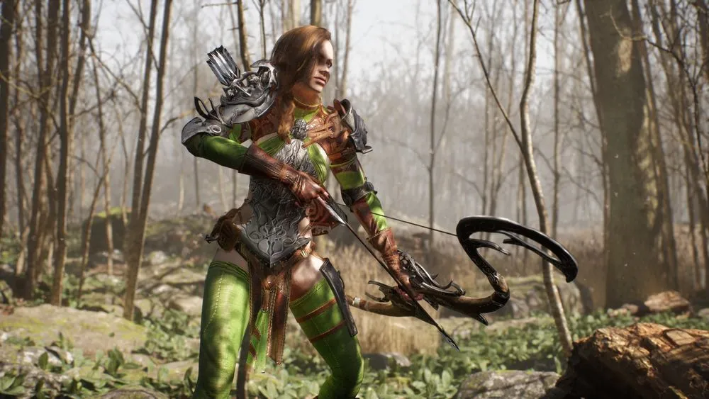 A female elf ready to battle with her bow and arrow in the forest