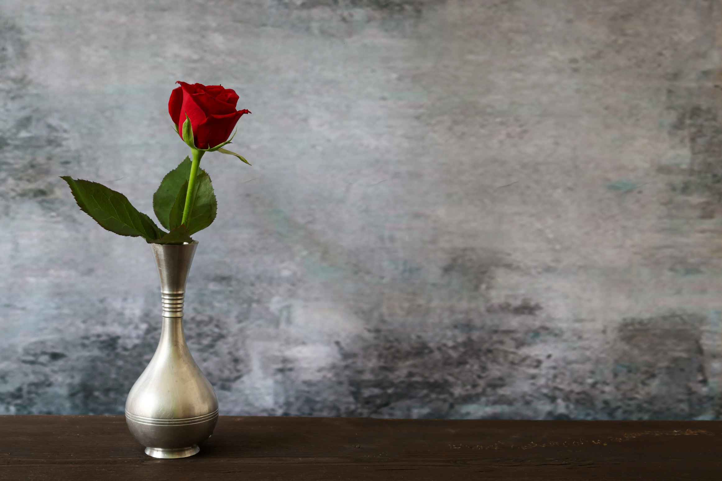 A red rose in the pewter vase on a table.