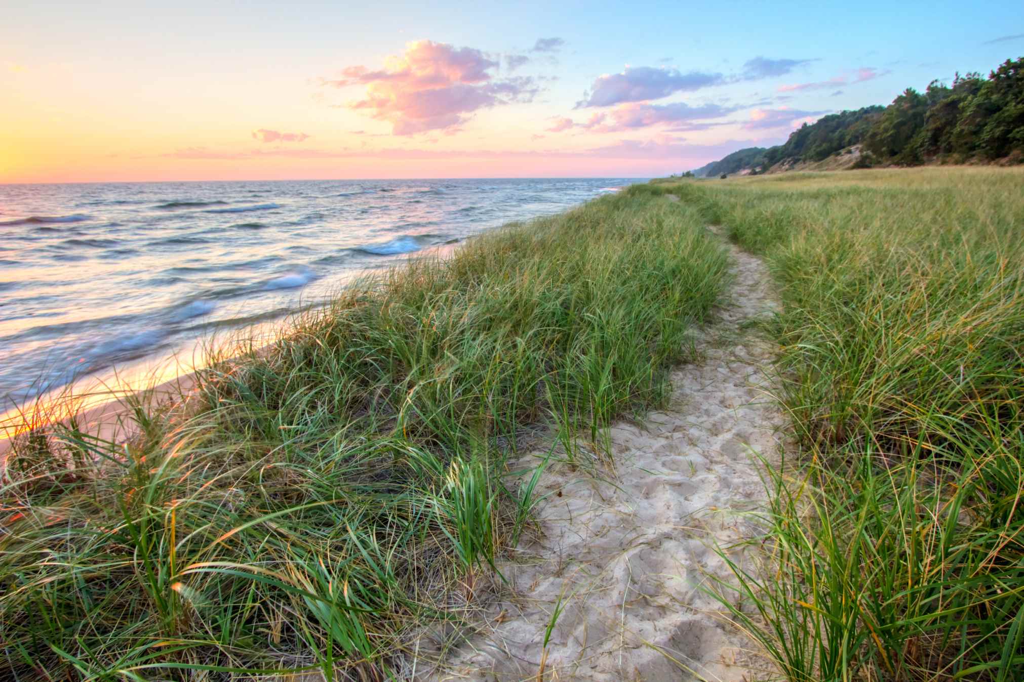 Sandy path winds along the shore of Lake Michigan