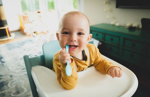 Baby sitting in a highchair holding a spoon ready for food.