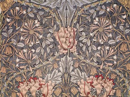 William Morris art, a floral, leafy wallpaper design.