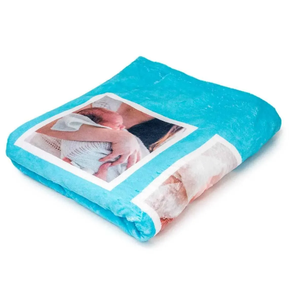 Blue blanket with a photo of a newborn being held by a mother printed onto it