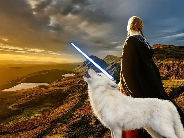 A girl with a lightsaber and white wolf standing on a mountain