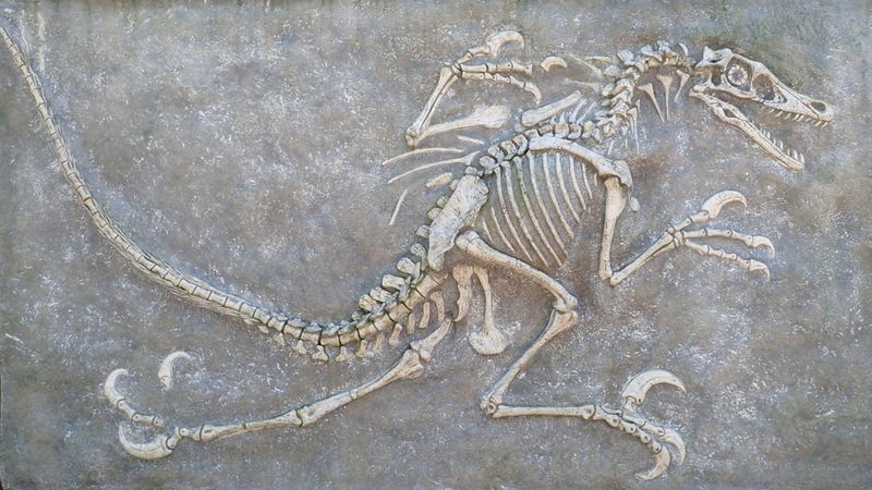 Fossilized scary petrified Velociraptor dinosaur fossil remains in stone